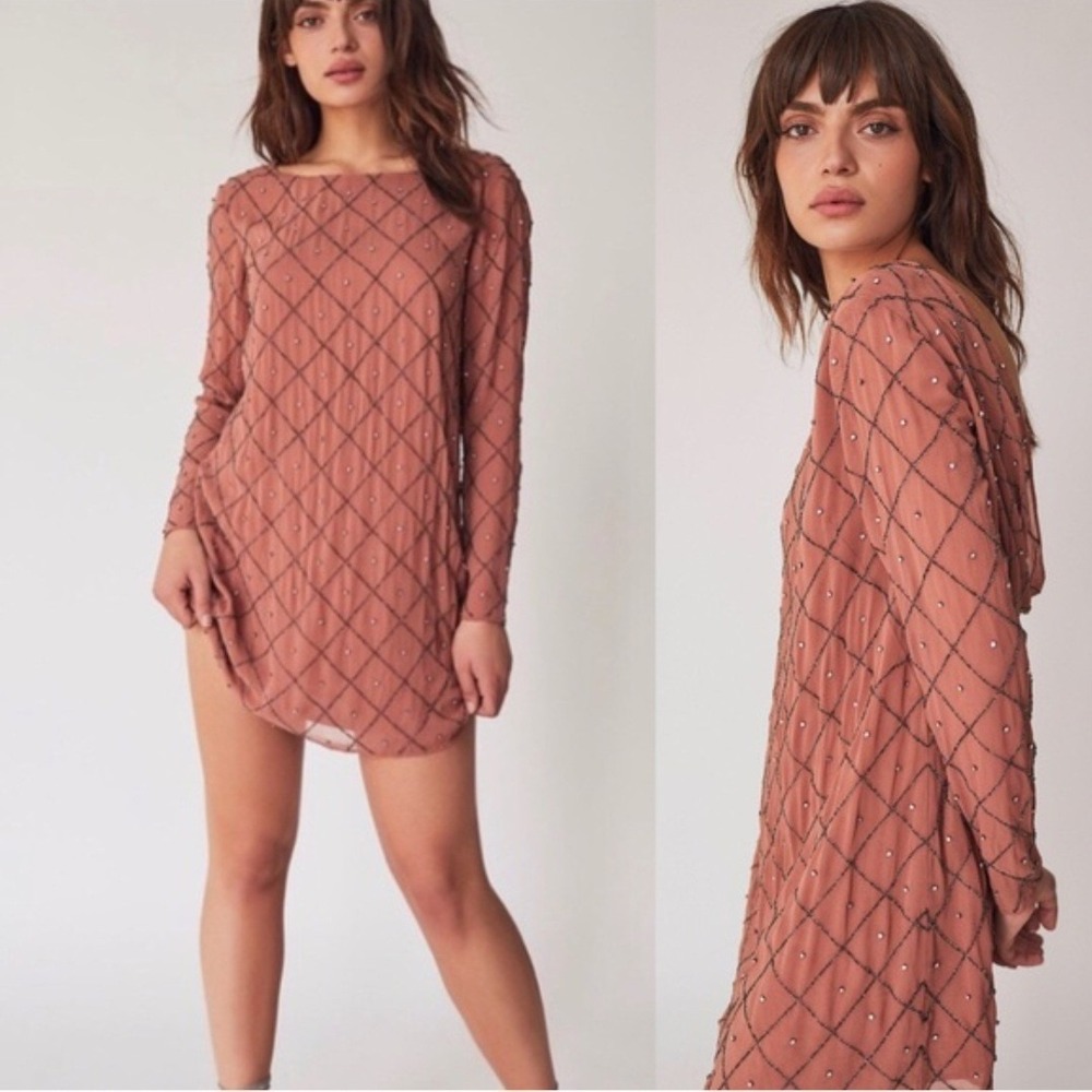 Free People Dazzle Chiffon Mini Dress Canyon Rust Beaded Cowl Back XS BohemianS